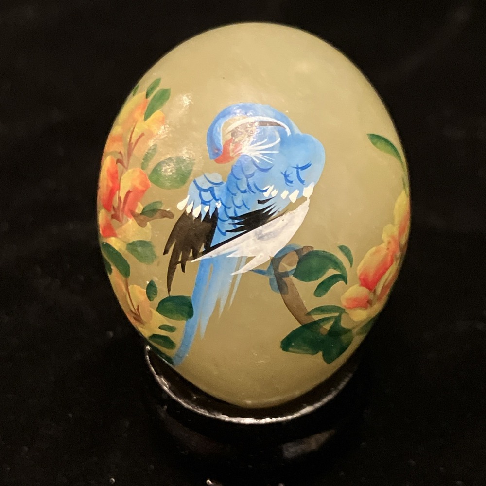 Green Jade Nephrite Hand Painted Blue Bird Egg W/Stand 2.5" Flowers